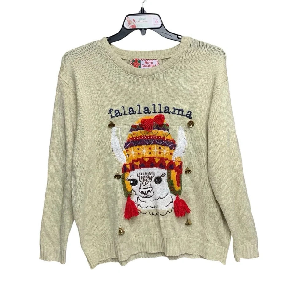 Merry Christmas llama sweater size XL beige/red and lots of jingle bells